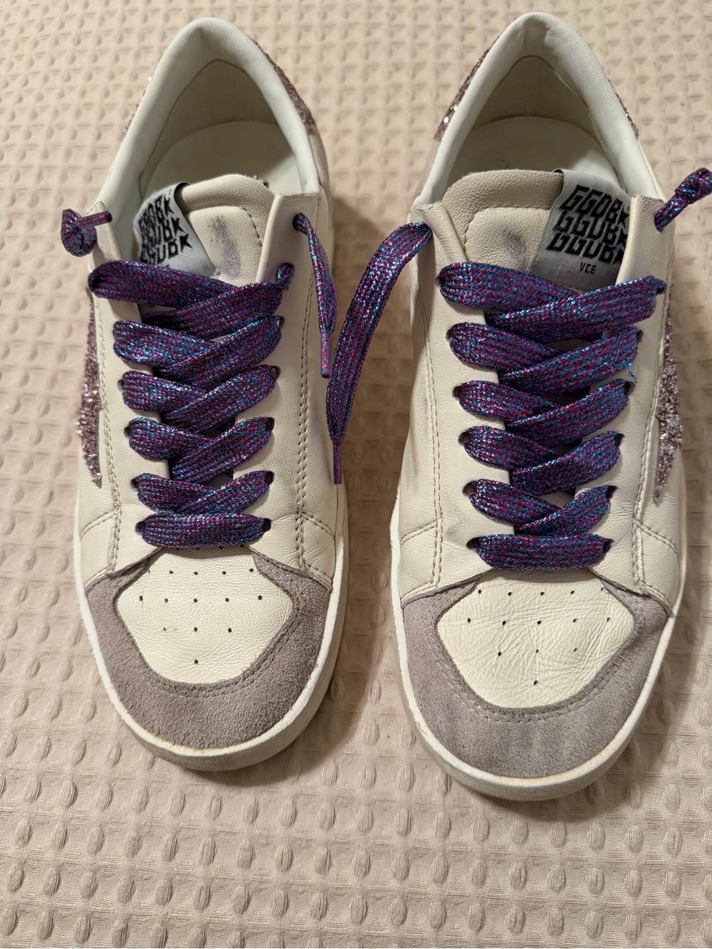 Golden Goose White Sneakers with Purple Glitter Accents